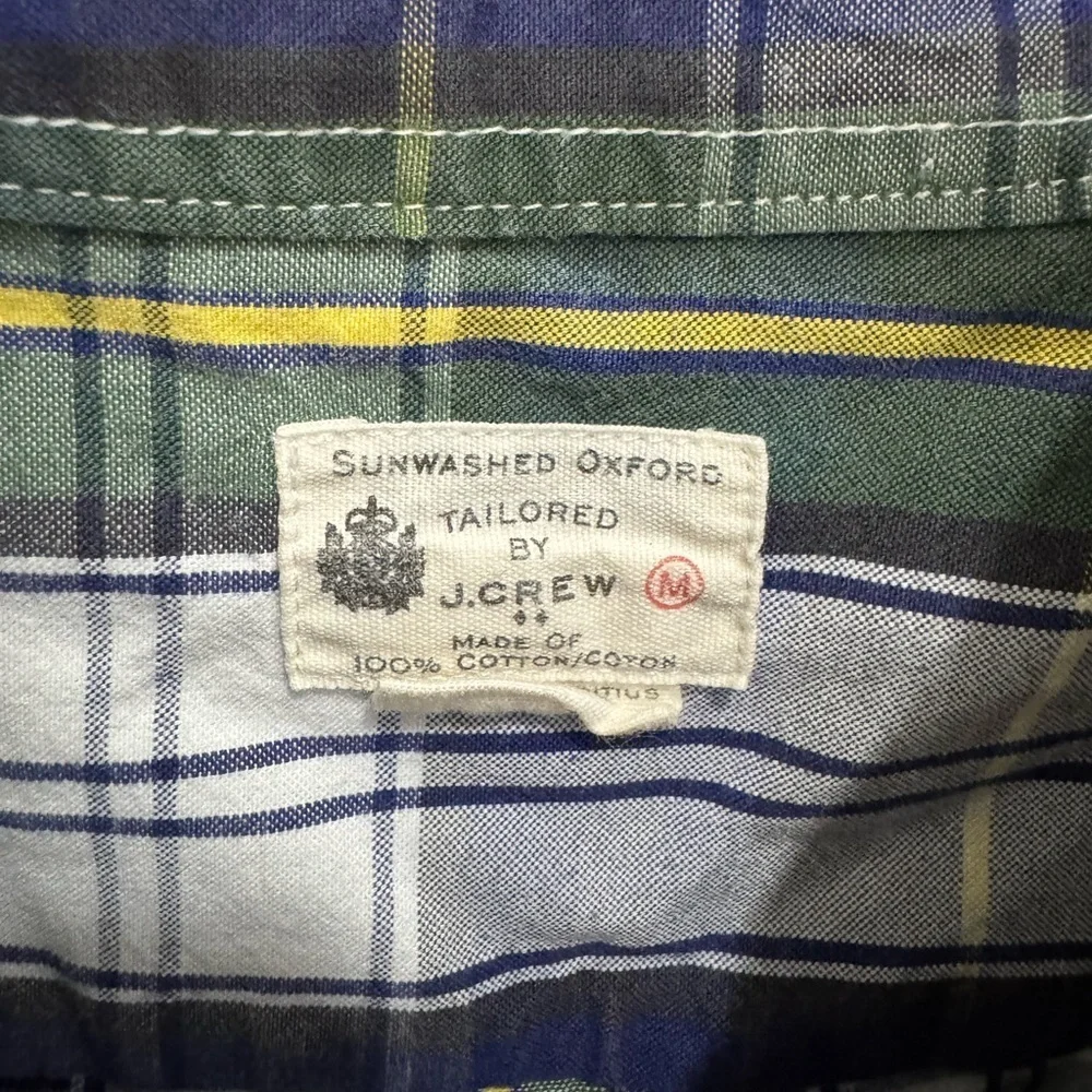 J. Crew Navy Green Plaid Sunwashed Oxford Tailored Shirt